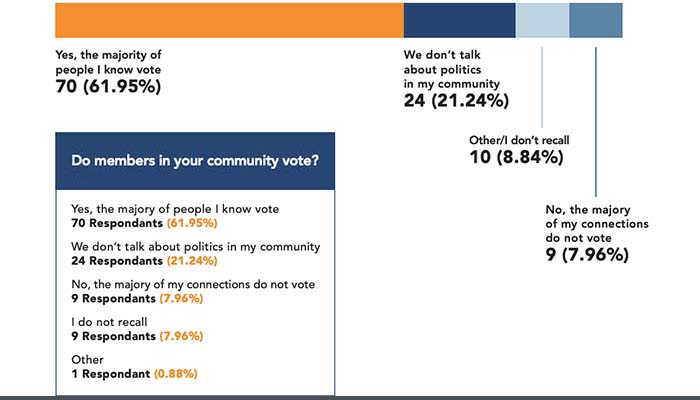 Image of charts with survey data results for participants who answered the question - Do members of your community vote?