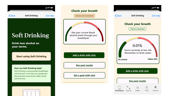 Soft Drinking app interface showing breathalyzer and chat features